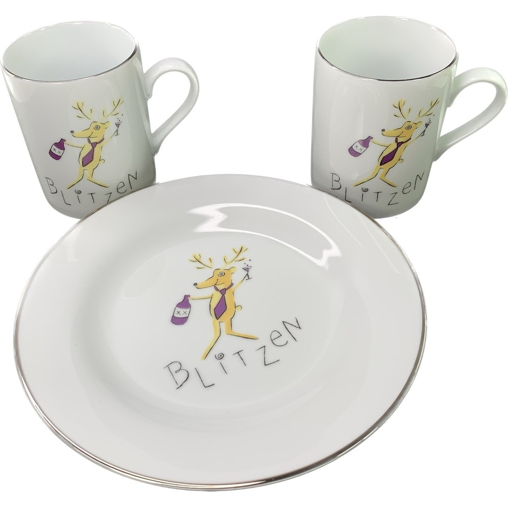 Pottery Barn Reindeer Collection BLITZEN 2 Mugs and 2 Salad Plates Lot of 4